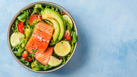 Fresh and Healthy Salmon Salad with Avocado, Lime, Tomatoes, and Greens on a Blue Background for a Nutrient-rich Meal Ideaの素材