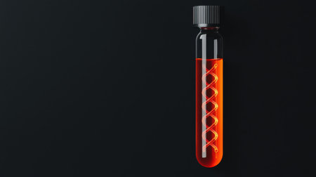 Test tube with orange liquid showcasing DNA helix spirals, symbolizing genetics, research, and biochemical innovations in a modern lab settingの素材