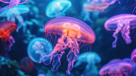 Colorful Jellyfish Swimming Gracefully in a Mystical Underwater Environment with Ethereal Lighting and Vibrant Colorsの素材
