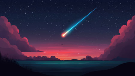 Stunning Night Sky with Meteor Shower Over Tranquil Ocean and Colorful Clouds at Duskの素材