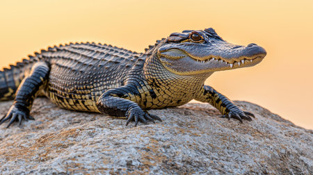 Close-Up of a Crocodile Relaxing on a Rock at Sunset with Golden Light Reflecting on Scales and a Calm Background of Soft Huesの素材