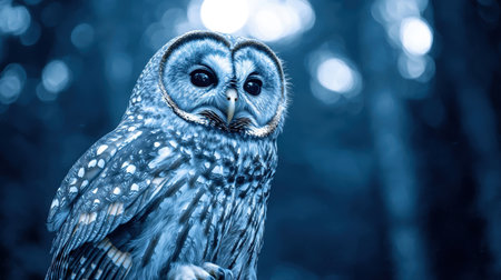 Captivating Portrait of a Majestic Owl in Enigmatic Blue Tones with Intense Eyes Surrounded by a Mysterious Forest Backgroundの素材
