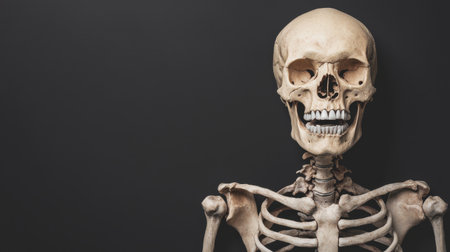 Human skeleton model displaying teeth and jaw on a dark background for educational and scientific use in anatomy studies, healthcare, and art projectsの素材