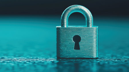 Close-up of a metallic padlock in a serene blue atmosphere symbolizing security, privacy, and protection in digital and physical realms, focused composition.の素材