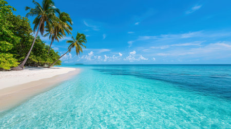 Serene Tropical Beach with Crystal Clear Water, Lush Green Palm Trees, and Idyllic Sky Under Bright Sunlight on a Tranquil Dayの素材