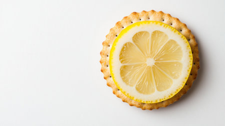 Fresh lemon slice atop a crispy cracker on a clean white surface, highlighting the contrast between vibrant yellow fruit and golden-brown snack.の素材