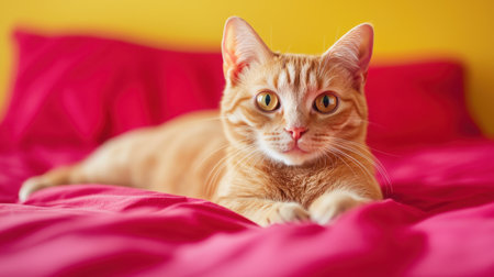 Adorable orange tabby cat with bright eyes lounging on a vibrant pink bedspread in a cozy room filled with warm colors and inviting ambianceの素材