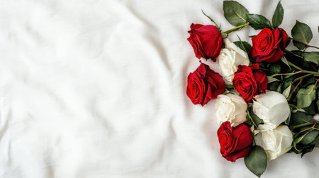Fresh Red and White Roses Arranged on Soft White Fabric Background for Romantic or Wedding Inspired Floral Decorationの素材