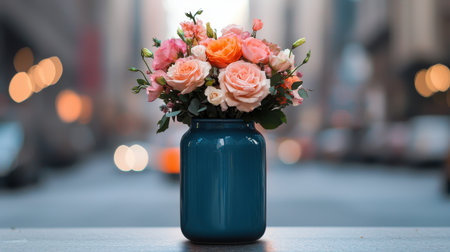 Beautiful bouquet of pastel roses arranged in a stylish blue vase, set against an urban city street backdrop with blurred city lightsの素材