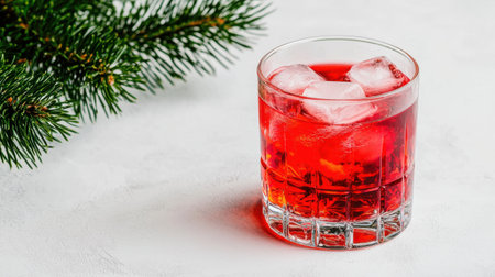 Refreshing Red Beverage with Ice Cubes in Glass Next to Green Pine Branch on Light Background for Festive Occasions and Celebrationsの素材