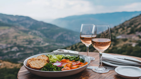 Scenic Outdoor Dining Table with Fresh Salad, Glasses of Rose Wine and Beautiful Mountain View in Background on Clear Day with Soft Cloud Coverの素材