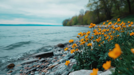Beautiful Shoreline with Vibrant Yellow Flowers and Rocky Beach at Tranquil Water Under Cloudy Sky in Natural Landscape Settingの素材