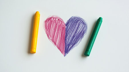 Colorful Heart Drawing with Crayon on White Background, Expressive Artistic Display of Love, Creativity and Imagination for Children and Familiesの素材