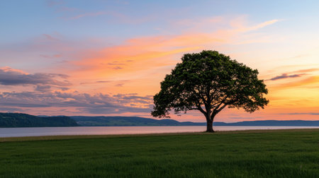 Majestic Solitary Tree Against a Stunning Sunset Over Calm Waters and Lush Green Grass in a Serene Landscapeの素材