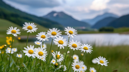 Scenic Meadow with White Daisies and Soft Mountains in Background Under Cloudy Sky, Nature Beauty, Peaceful Landscape, Summer Vibesの素材