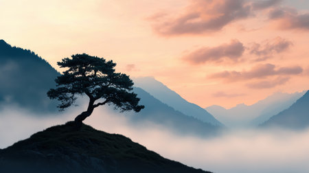 Majestic Lone Tree Silhouette Against Misty Landscape at Sunrise with Soft Pink and Blue Colors in Mountainous Horizonの素材