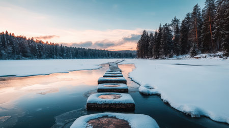 Serene Winter Landscape with Stone Pathway Over Frozen Lake and Snow-Covered Forest Under Colorful Sunset Skyの素材