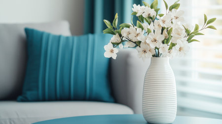 Elegant vase with white flowers in modern living room setting featuring soft cushions and bright natural light streaming through the windowの素材