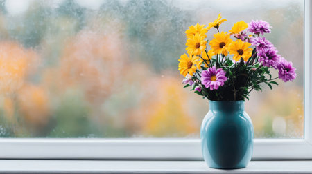 Vibrant Bouquet of Yellow and Purple Flowers in a Simple Blue Vase Against a Softly Blurred Nature Background on a Rainy Dayの素材