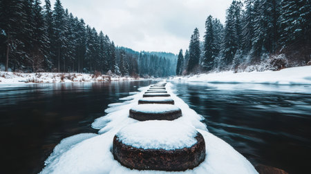Scenic winter landscape featuring river stones surrounded by snow-covered forest and tranquil waters reflecting cloudy sky in a serene atmosphereの素材