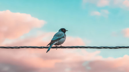 Small blue bird perched on a wire against a beautiful pastel sky at sunset, showcasing nature's beauty in soft colors and serene atmosphereの素材