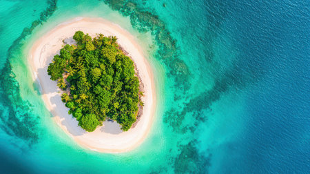 Isolated Tropical Island with Lush Greenery Surrounded by Turquoise Waters and White Sandy Beach Captured from Above in Bright Sunlightの素材