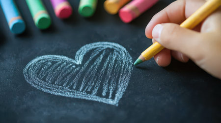 Hand Drawing Heart Shape with Colored Chalk on Blackboard Surface in Classroom or Art Studio Settingの素材
