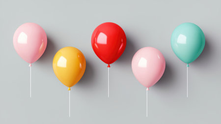 Colorful Balloons in a Row on a Light Gray Background for Celebrations, Parties, and Festive Events, Perfect for Various Design Projectsの素材
