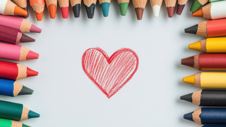 Heart Drawing with Colorful Crayons Arranged in a Circular Pattern on Neutral Background for Art and Education Themesの素材