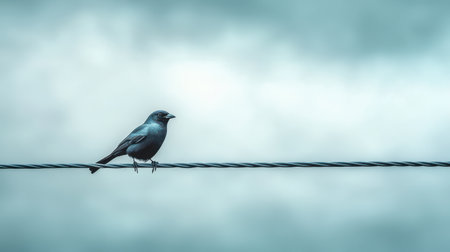 Solitary bird perched on a wire against a moody cloudy sky, capturing the essence of quiet moments in nature and the beauty of avian lifeの素材