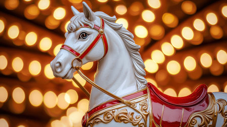 Elegant White Carousel Horse Figurine with Bright Lights in Background, Capturing Magic and Nostalgia of Amusement Rides in a Playful Atmosphereの素材
