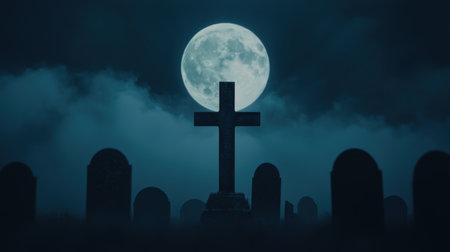 Eerie Graveyard Scene with Cross and Full Moon Illuminating Tombstones Under Dark Cloudy Sky at Nightの素材