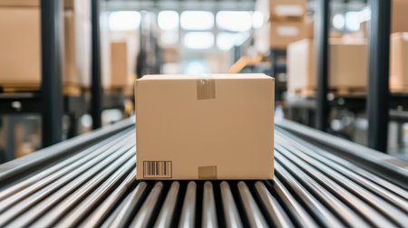 Cardboard Box on Conveyor Belt in Warehouse Environment with Soft Focus on Stock Shelves and Packages in the Background for Logistics and Delivery Themesの素材