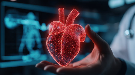 Digital Representation of Human Heart with Glowing Lines and Nodes Held by Doctor in Modern Healthcare Settingの素材