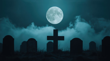 Dark and Eerie Graveyard Landscape with Full Moon Illuminating Silhouettes of Tombstones and Misty Clouds for Haunting Atmosphereの素材