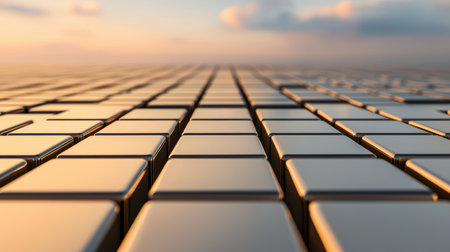 Modern geometric design with metallic tiles reflecting sunlight at sunset, creating a tranquil and visually striking abstract landscapeの素材