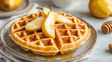 Golden Brown Waffles Topped with Juicy Pear Slices Drizzled with Golden Syrup on a Rustic Plate Surrounded by Fresh Pears and Honeyの素材