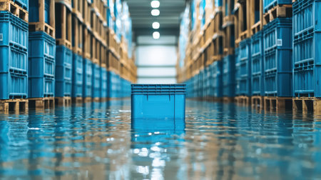 Fresh Blue Plastic Container Surrounded by Warehouse Shelves and Reflected Water in Modern Storage Facility with Bright Lighting and Organized Environmentの素材