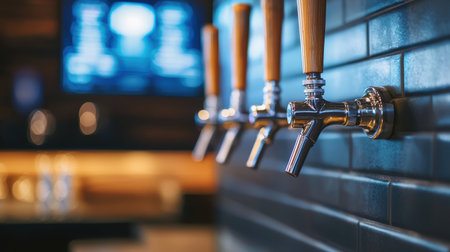 Modern Tap System with Wood Handles and Brick Wall Background in a Trendy Bar Atmosphere for Hospitality and Beverage Industry Useの素材