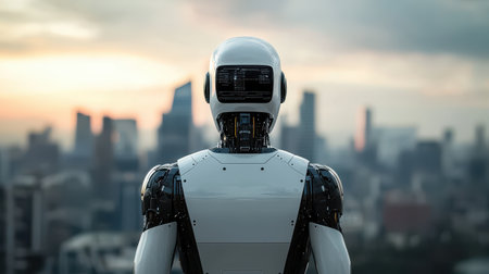 Futuristic humanoid robot observing a vibrant city skyline at sunset, showcasing the intersection of technology and urban life in a modern worldの素材
