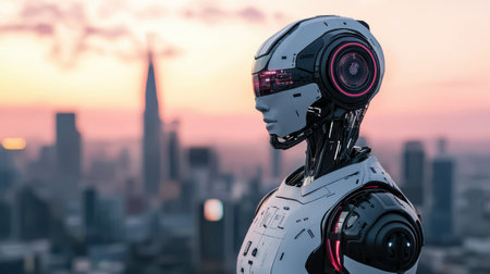 Futuristic humanoid robot gazing over a city skyline during sunset, showcasing advanced technology and vibrant colors in a modern urban environment.の素材