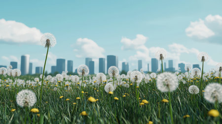 Lush Green Field of Dandelion Flowers with a Clear Blue Sky and Urban Skyline in the Background on a Sunny Dayの素材