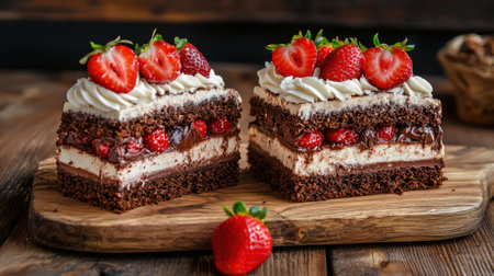Delicious Chocolate Strawberry Cake with Cream and Fresh Strawberries on Wooden Table Displaying Layers of Decadence and Flavorful Ingredientsの素材