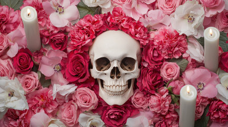 Skull Surrounded by Colorful Flowers and Candles on a Dark Background for a Unique Floral Composition and Artistic Decorationの素材