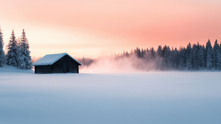 Tranquil winter landscape with a solitary wooden cabin surrounded by snow-covered fields and evergreen trees at dusk under a soft pastel skyの素材