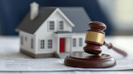 Model house with gavel on legal documents representing real estate law, property purchase, and legal proceedings in real estate transactionsの素材