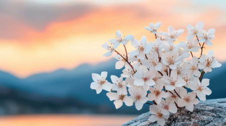 Delicate White Blossoms in Sunset Background Captured on Rocky Shoreline with Mountains and Soft Colorful Sky at Duskの素材