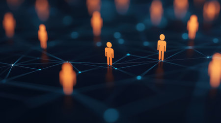 Abstract network connection with glowing figures representing digital communication, technology, social networking, and interconnected relationships in dark spaceの素材