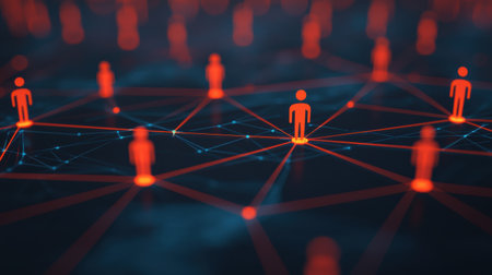 Abstract digital network with glowing red human figures connected by glowing lines in dark space, illustrating communication and modern technology conceptsの素材