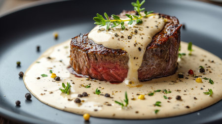 Deliciously Cooked Steak with Creamy Sauce and Herb Garnish on a Dark Plate, Perfect for Gourmet Food Photography and Culinary Presentationsの素材